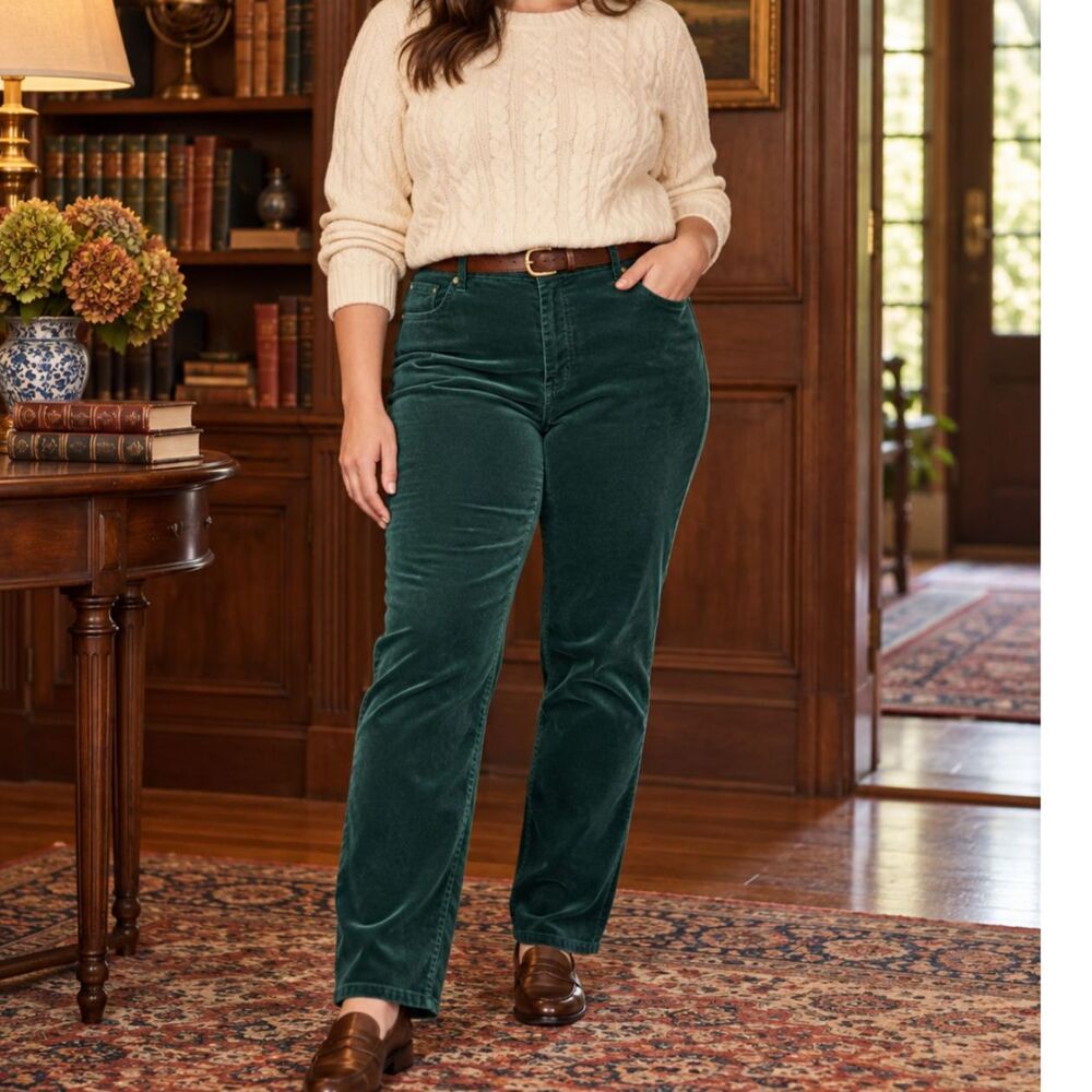 Talbots Forest Green Velveteen Straight Leg Pants 16 Quiet Luxury Fall Holiday